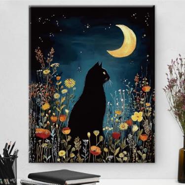 Imagem de Arte de parede botânica de gato preto vintage emoldurado - Decoração de parede com flores escuras Academia para quarto, sala de estar, casa, 20 x 25 cm