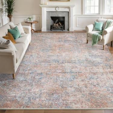 Imagem de Tangsoo Tapete abstrato 12 x 18 cm lavável para entrada vermelho azul antiderrapante tapete de área pequena, azul ferrugem porta interna laranja azul