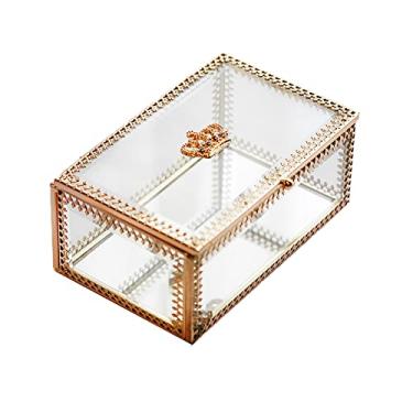 Imagem de NAJMECHOY Caixa de joias de vidro, fundo espelhado com tampa de coroa, caixa para maquiagem, brincos de anel de batom, caixa de armazenamento, anel de caixa de vidro dourado, caixa transparente para