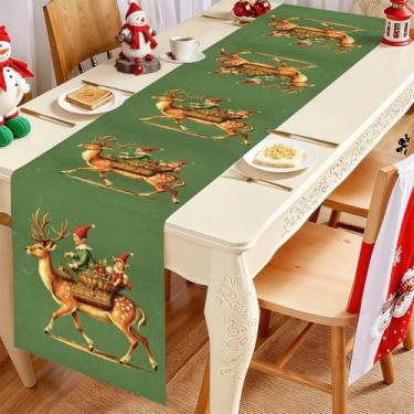 Imagem de Caminho de mesa de Natal verde vintage, decoração de rena de Papai Noel, decoração de mesa de jantar de cozinha de inverno sazonal para decoração de festa em casa