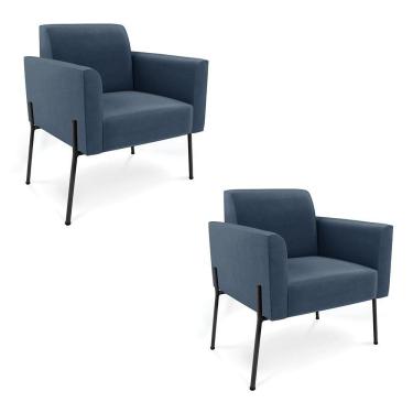 Imagem de Poltrona Pé De Ferro Preto Para Sala Kit 2 Marisa Suede Azul Marinho D03 - D'rossi
