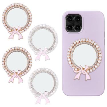 Imagem de Framendino, Pacote com 2 pingentes de espelhos de strass para telefone espelho de laço redondo brilhante com adesivo adesivo traseiro adesivo