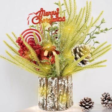 Imagem de Árvore de Natal pequena com luzes, mini decorações de árvore de Natal com bengalas doces de Feliz Natal, pinhas e bolas, ornamentos para decoração de mesa central de festa em casa, 30 cm, verde