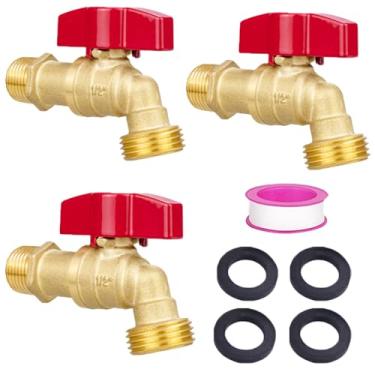 Imagem de TMOK Torneira externa de fluxo total de 3 peças, 1/4 de volta, mangueira de latão, torneira de jardim com entrada MIP de 1/5.1 cm, saída MHT de 3/10.2 cm, fita de teflon e arruelas incluídas