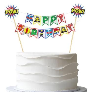 Imagem de Banner de topo de bolo com tema de herói - Bandeira de flâmula feita à mão super-herói decoração de bolo de festa de feliz aniversário - Tema de desenho animado para crianças, aniversário, chá de bebê