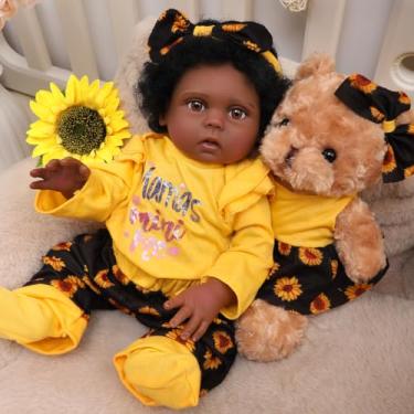 Imagem de Boneca Bebê Reborn Preto Menina Boneca de Silicone Realista com Acessórios Cabelo Encaracolado 48cm Presentes para Meninas