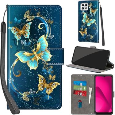 Imagem de Salanheo Capa carteira para T-Mobile Revvl 7 5G, com [3 compartimentos para cartões], fecho magnético com suporte, capa protetora de couro PU à prova de choque 16,7 cm, borboleta verde dourada