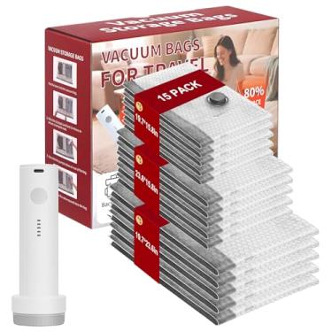 Imagem de Sacos de armazenamento a vácuo, pacote com 15, sacos seladores que economizam espaço, bolsas de compressão herméticas para roupas, travesseiros, edredons, cobertores, roupas de cama (pacote com 15)