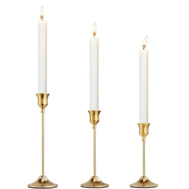 Imagem de Castiçal alto afunilado, elegante, dourado, vintage, latão, metal, conjunto de 3, para mesa de jantar, festa de casamento, manto de lareira festiva, presente de inauguração de casa, decorações de