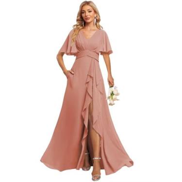 Imagem de Vestido de dama de honra Deamify Flowy com decote em V malva e chiffon