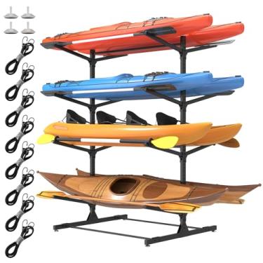 Imagem de LotFun Rack de armazenamento de caiaque, suporte de caiaque ajustável para uso interno e externo, garagem, com rodas e almofada de pé, para caiaques, SUPs, canoas, prancha de surfe (4 níveis para 8