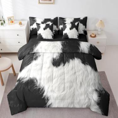 Imagem de Erosebridal Jogo de cama solteiro com estampa de vaca fofo, 7 peças para meninos, preto e branco, em uma bolsa para crianças, adolescentes e adultos, conjunto de edredom de pele de fazenda ocidental