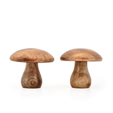Imagem de NIRMAN Estátuas dupla de cogumelos de madeira de manga natural – Estatuetas rústicas feitas à mão para estante, mesa de centro ou decoração sazonal (7,6 cm x 7,6 cm x 7,6 cm)