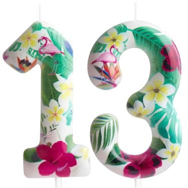 Imagem de Vela de aniversário de 13 anos, flamingo, número 13 velas, decoração de bolo de flamingo, branco, flores havaianas tropicais, temáticas para crianças, meninos, meninas, artigos de decoração de festa