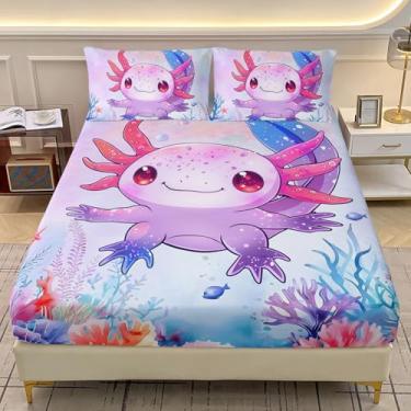 Imagem de AILONEN Jogo de lençol solteiro com desenho animado de axolote kawaii, animal do oceano kawaii, lençol com elástico profundo e 2 fronhas, lindo gradiente com estampa de axolote colorido, 3 peças