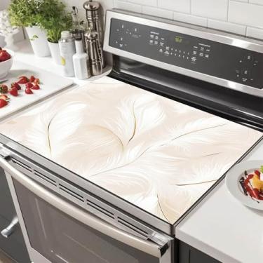 Imagem de HOMETITUTE Cobertura superior de fogão de penas brancas 71 x 50 cm de vidro de diatomita tapete decorador de fogão decoração de cozinha fogão elétrico tampa superior de vidro almofada resistente ao