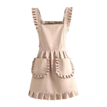 Imagem de DimyFew de Empregada Retrô com Babados, Ideal para Cosplay, Um ótimo Presente para Mulheres. Ajustável com Bolsos Frontais, Perfeito para Café, Bege