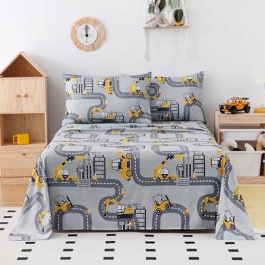 Imagem de Yibeizi Jogo de lençol infantil tamanho casal, microfibra cinza, estampa de caminhão, lençóis de cama de casal macios Oeko-Tex com bolsos extra profundos e fronhas refrescantes hipoalergênicos, sem