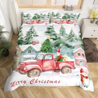 Imagem de Conjunto de capa de edredom de caminhão velho vermelho, tamanho solteiro, gnomo, árvore de Natal, decoração de quarto de crianças, meninos e meninas, capa de cama rústica de inverno com boneco de neve