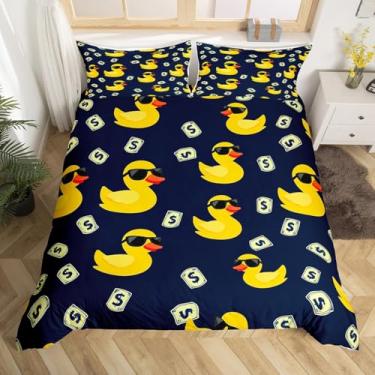 Imagem de Erosebridal Capa de edredom Queen de pato de borracha, fofo, pato amarelo, 2 peças, desenho animado, animal, capa de edredom com estampa de dólar americano, azul marinho, decoração de quarto para