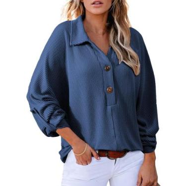 Imagem de Camisa feminina elegante, solta, decote em V, manga comprida, azul mar