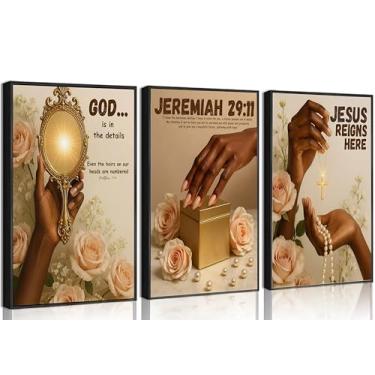 Imagem de 3 peças tendência menina negra arte de parede moda cristã mulher afro-americana versículo bíblico pintura imagem decoração de parede arte impressa em tela para quarto escritório decoração de casa sem