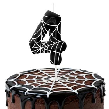 Imagem de Velas de aniversário pretas e brancas para bolo, velas número 4, decorações de aniversário, suprimentos de festa, topo de bolo de teia de aranha para decoração de festa temática para meninos e meninas