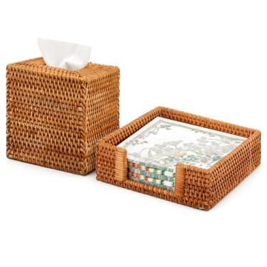 Imagem de Teenyyou Porta-guardanapos de vime quadrado capa e bandeja de papel de vime boho tecido à mão cesta de guardanapo rural para cozinha mesa de jantar balcão piquenique festa de casamento