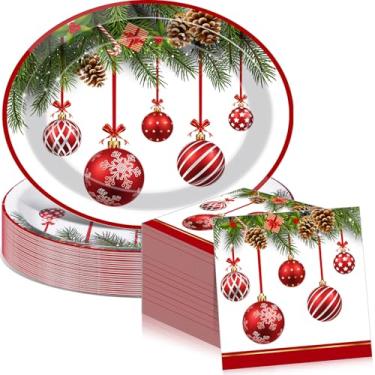 Imagem de Mimorou Conjunto de pratos e guardanapos de papel de Natal com 100 peças, bolas vermelhas de Natal, conjunto de talheres ovais de Natal, 25,4 x 30,5 cm, para Natal, inverno, férias, jantar, festa