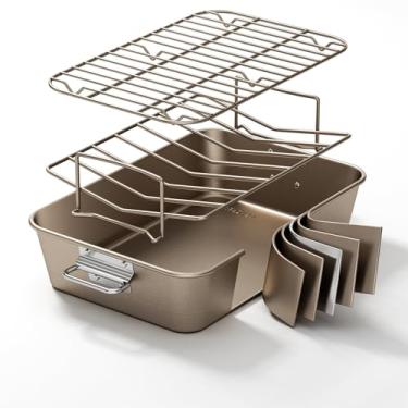 Imagem de Armorbear Assadeira de peru com rack de cerâmica antiaderente assadeira de aço carbono 40,6 x 28 cm, pode ser lavada na lava-louças, assadeira profunda para frango, bacon, dourada