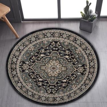 Imagem de Tapete de área estilo marroquino imitação caxemira tapete redondo tapete doméstico para decoração sala de estar quarto tapete antiderrapante fácil de cuidar, padrão verde escuro, 100 cm