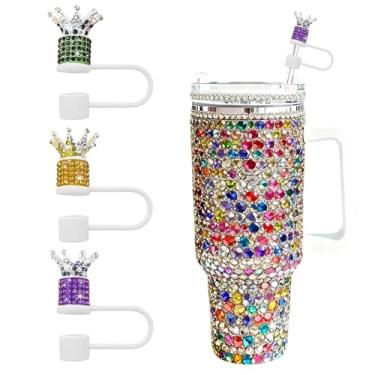Imagem de JIASHEBDE Conjunto de 3 peças de topo de palha de diamante de coroa para copos Stanley - Capas de palha brilhantes com strass brilhantes para copos de 30 e 1,134 g, 21 cores para presente de princesa