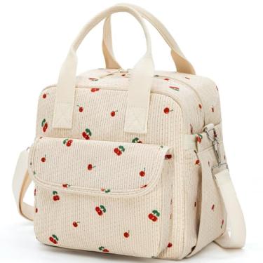 Imagem de LOVELYWIND Lancheira feminina cerejeira, bolsa térmica de veludo cotelê para toda a família, refrigerador transversal grande com alça ajustável, lancheira reutilizável para garrafa de tamanho completo