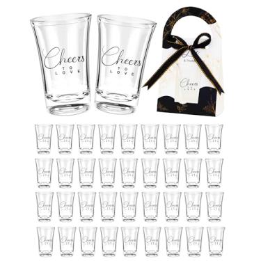 Imagem de Dzlvaier 100 conjuntos de lembrancinhas de casamento para convidados - copos curtos de casamento Cheers to Love acrílico transparente, copos de plástico com caixas de agradecimento para chá de panela