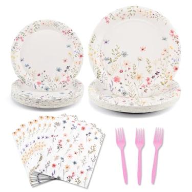 Imagem de MAYIT 96 peças de pratos e guardanapos de papel floral, artigos de festa de flores silvestres, conjunto de utensílios de mesa descartáveis para primavera, verão, piquenique, festa, chá de bebê