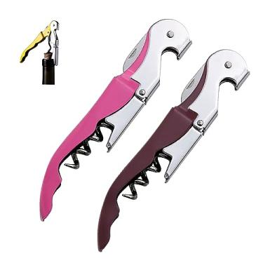 Imagem de PLAYTHROUGH Abridor de garrafas saca-rolhas 2 pacotes, abridor de latas multifuncional, saca-rolhas abridor de vinho, abridor de garrafas dobrável de aço inoxidável para bares restaurantes em casa (rosa e marrom)