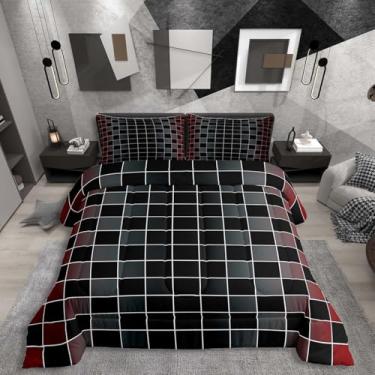 Imagem de Erosebridal Jogo de cama Queen xadrez geométrico, vermelho, preto, cinza, ombré, para adultos, homens e mulheres, edredom quadriculado gradiente