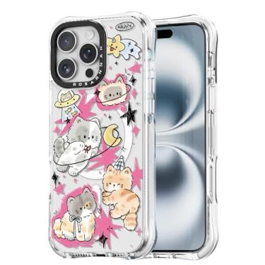 Imagem de Rosarnnah Capa para iPhone 16 Pro fofa - compatível com Magsafe - Capa de telefone à prova de choque com proteção contra quedas de grau militar de 6 m - Design engraçado de gato gatinho espacial (17,5