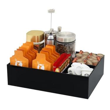 Imagem de Watpot Organizador de estação de café para bancada, divisórias removíveis, acessórios de barra de café para armazenamento de pacotes de açúcar, saquinhos de chá, preto
