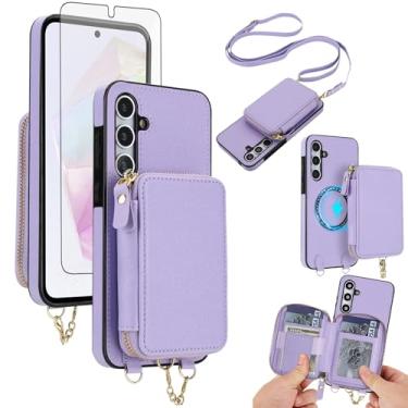 Imagem de Capa de celular para Samsung Galaxy A15 5G/4G carteira com zíper e protetor de tela, alça transversal 2 em 1 magnético destacável MagSafe bloqueio RFID Flip A 15 G5 15A feminino masculino roxo