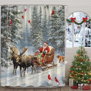 Imagem de Cortina de chuveiro de Natal, Papai Noel, Rena, Floresta, Floco de Neve, Veado, Férias, Azul, Verde, Vermelho, Poliéster Cortina de Banheiro com 12 Ganchos, Decoração de Casa de Banheira, 177 x 177 cm