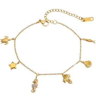Imagem de Pulseira feminina banhada a ouro 18 quilates delicada com borboleta, olho turco, coração, estrela, estrela do mar, concha, pingentes de tartaruga, elegante pulseira de tênis de corrente de ouro