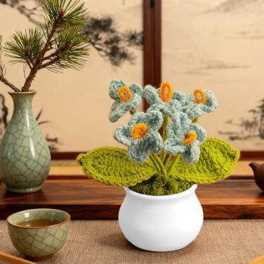 Imagem de Vaso de flores de crochê à mão com girassol, flores artificiais tricotadas para decoração de mesa de casa, decoração de mesa com arranjo de fios coloridos (azul)