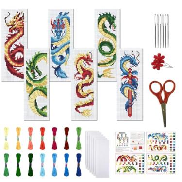 Imagem de FREEBLOSS Conjunto de 6 conjuntos de marcadores de página de ponto cruz para adultos iniciantes kits de ponto cruz estampado com dragão DIY kit de marcadores de página bordado para presente de