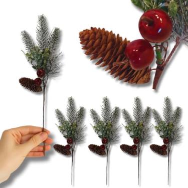 Imagem de Kit com 5 Galhos, buquês de Frutinhas Azevinho Artificial Realista | Decoração Natalina com Pinha e Folhas Verdes 30cm | para Árvore de Natal, pinheiro, Enfeite De Festas de Final de Ano
