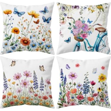 Imagem de HYJ Conjunto de 4 capas de almofada florais de primavera, 45,7 x 45,7 cm, aquarela flores silvestres e borboletas, capas de almofada de fazenda azul para sofá e jardim, decoração de casa ao ar livre
