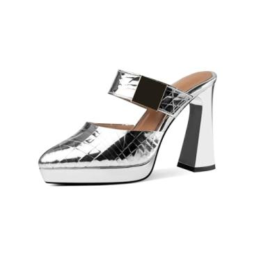 Imagem de TinaCus Sandálias femininas de couro genuíno brilhante com bico fino e plataforma de salto alto, Prata, 36