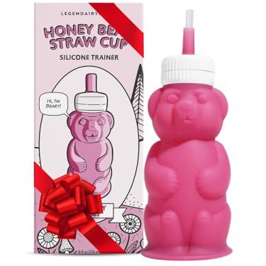 Imagem de Legendairy Milk Honey Bear Copo de canudo de silicone para bebês de 237 ml seguro para máquina de lavar louça silicone de qualidade alimentar urso mel copo para crianças a partir de 4 meses, rosa