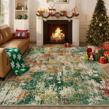 Imagem de RELEANY Tapetes laváveis 2,8 m x 2,5 m, antiderrapante, moderno, abstrato, macio para sala de estar, entrada, quarto, berçário, estampado, verde, laranja, ferrugem, vermelho, creme, colorido