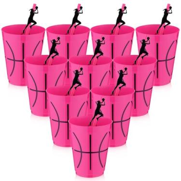 Imagem de Rtteri 24 conjuntos de copos de basquete rosa decoração de festa rosa com canudo 473 ml copo de plástico reutilizável bola tema esportivo lembrancinhas de festa garrafa de água a granel para artigos